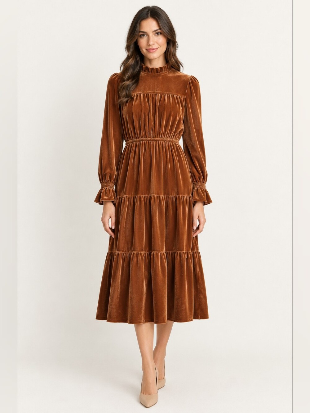 NWT Icone By Simons Velvet Tiered Midi Dress Ruffle Sz P/S Brown Boho Fall